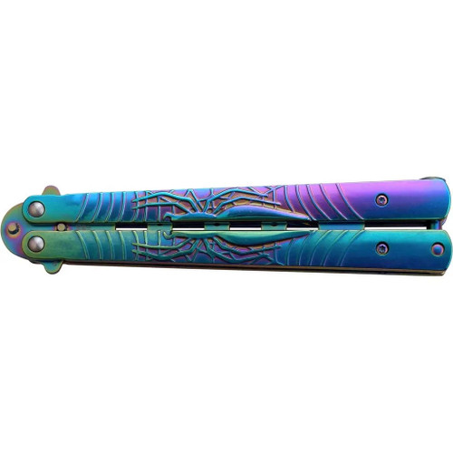 MTechUSA Rainbow Spider Tinite Spring Loaded Butterfly Trainer shown closed with rainbow tinite handles and latch visible