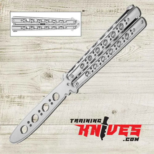 Black Legion Silver Skeleton Stainless Steel Butterfly Trainer shown open with satin finish blade and skeletonized handles visible