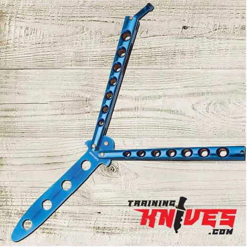 Black Legion Blue Titanium Balisong Butterfly Trainer shown open highlighting blue titanium blade and handle construction