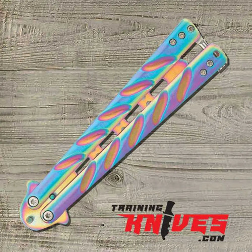 Black Legion Rainbow Titanium Balisong Trainer shown closed with rainbow titanium handles and latch visible