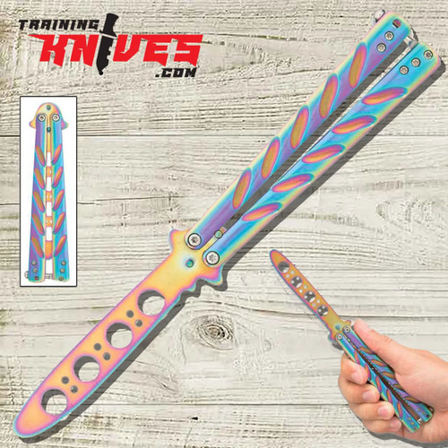 Black Legion Rainbow Titanium Balisong Trainer shown open with rainbow titanium blade and handles visible
