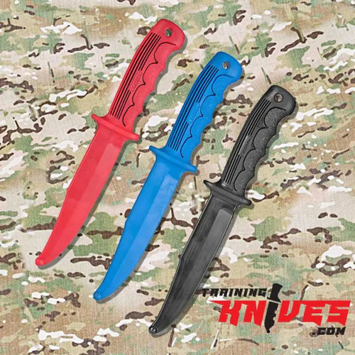 Fab Defense TKN rubber commando training knives in black, blue, and red displayed together in one image