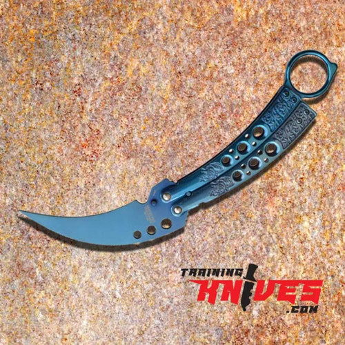 MTechUSA Blue Hawkbill Tribal Etched Butterfly Balisong Trainer shown open flipped opposite side displaying blue tinite coated hawkbill training blade and stainless steel handles