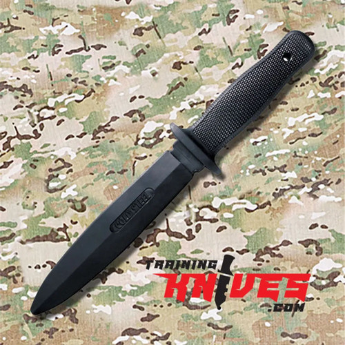 Cold Steel Santoprene Black Rubber Handle Military Trainer CS92R10D shown full length with black rubber trainer blade and integrated rubber handle visible