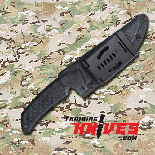 Bastinelli Creations PY Polymer Black Military Trainer BAS207T shown with black Kydex belt sheath installed on trainer knife