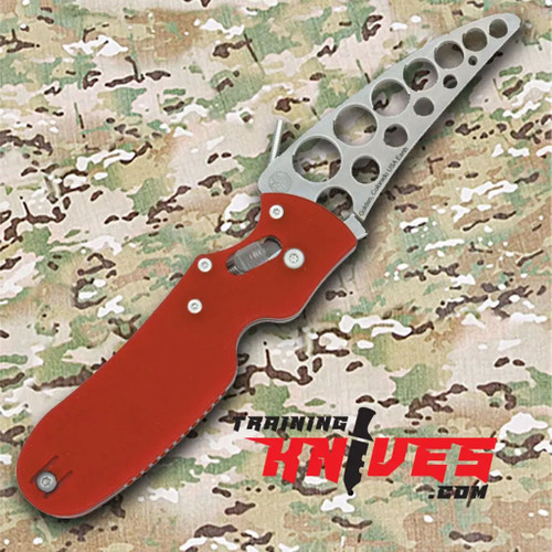 Spyderco P'Kal 440C Red G10 Handle Military Folding Trainer SC103TR shown fully open with blunt 440C stainless steel training blade and red G10 handle visible