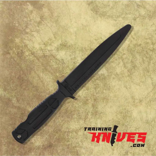 Black rubber tanto training dagger angled with blade pointing upward