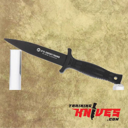 Black aluminum dagger trainer displayed on stand with blade pointing left