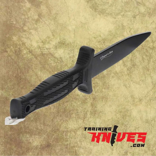 Black aluminum dagger trainer on stand with blade pointing away from camera