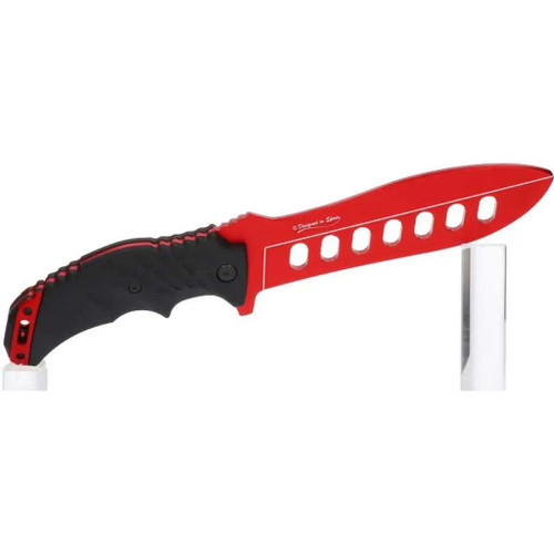 Red aluminum fixed blade trainer displayed on stand with blade pointing right