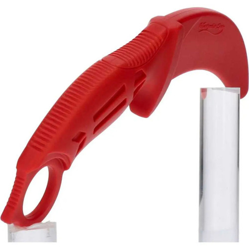 K25 Contact Red Rubber Karambit Trainer displayed on stand with handle facing camera and blade pointing away