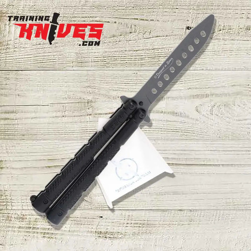 K25 Grey 7Cr17Mov Balisong Butterfly Trainer open with blade pointing upward