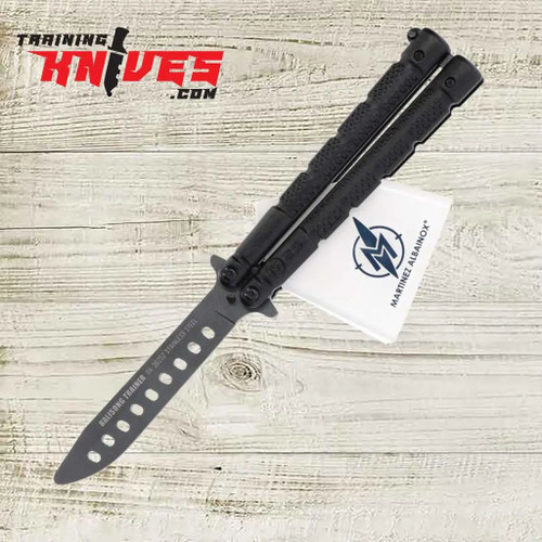 K25 Grey 7Cr17Mov Balisong Butterfly Trainer open with blade pointing downward