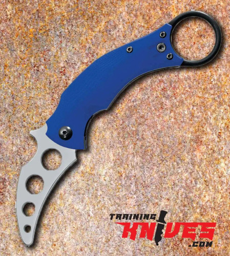 Hero View of the Fox Black Bird Satin Bohler N690 Blue G10 Handle Karambit Trainer SKU: FOX591TK Hero View of the Fox Black Bird Satin Bohler N690 Blue G10 Handle Karambit Trainer SKU: FOX591TK