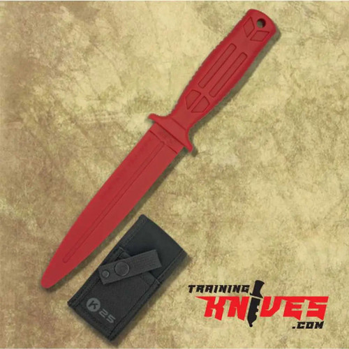 K25 contact red rubber tanto dagger trainer shown full length with sheath displayed separately