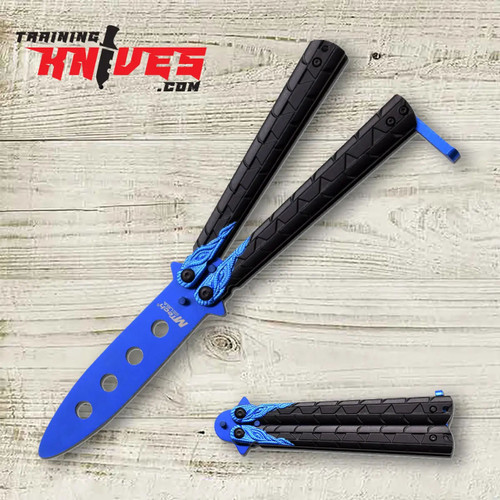 MTechUSA Blue Dragon anodized aluminum butterfly trainer shown open and closed together