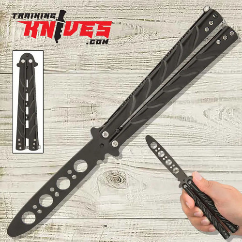 Black Legion black titanium balisong butterfly trainer shown closed and open with hand holding open trainer