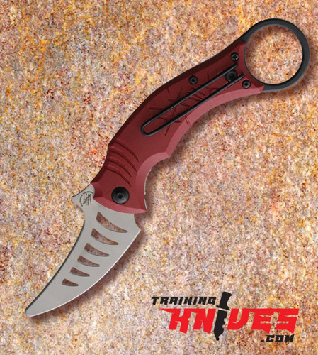 Bastinelli Creations Mako Satin Red FRN Handle Reverse Karambit Trainer open showing blade and handle