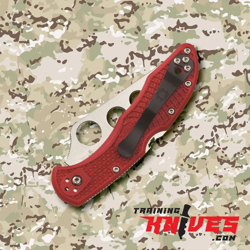 Folded View of the Spyderco Delica 4 Lockback Aus-6 Red FRN Handle Military Folding Trainer SC11TR Folded View of the Spyderco Delica 4 Lockback Aus-6 Red FRN Handle Military Folding Trainer SC11TR