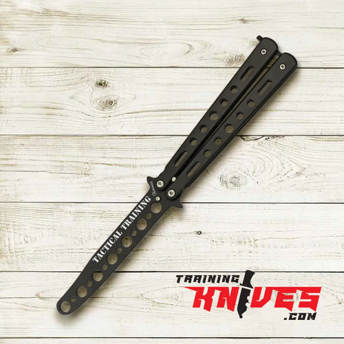 Albainox Black 3Cr13Mov Aluminum Handle Balisong Butterfly Trainer open showing blade and handles