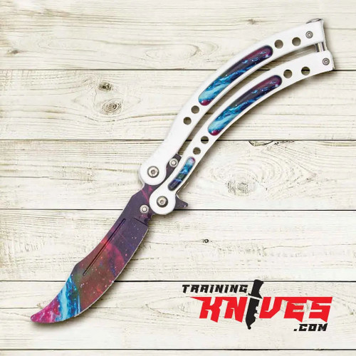 White Galaxy Stainless Steel Butterfly Balisong Trainer open showing blade and handles