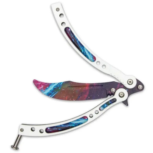 White Galaxy Stainless Steel Butterfly Balisong Trainer partially open showing blade and handles