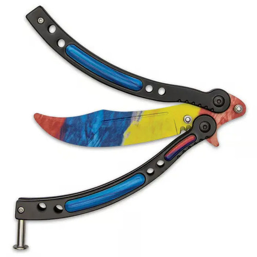 Rainbow Stainless Steel Butterfly Balisong Trainer partially open showing blade and handles