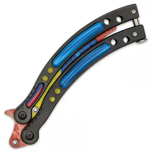 Rainbow Stainless Steel Butterfly Balisong Trainer closed showing folded handles