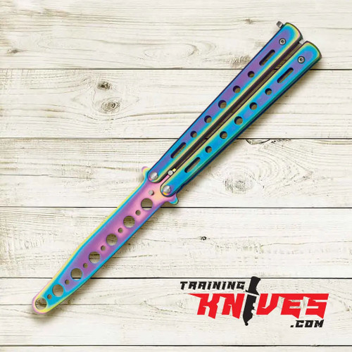 Albainox Rainbow 3Cr13Mov Aluminum Handle Balisong Butterfly Trainer open showing blade and handles