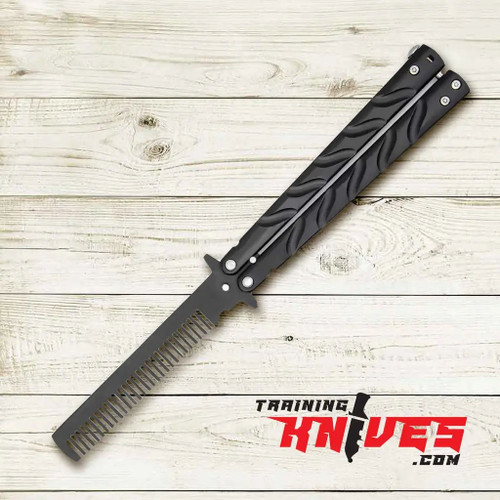 Havoc Black 3Cr13 Butterfly Comb Trainer open showing comb blade and handles