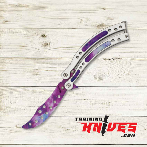 Albainox Light Galaxy 3Cr13Mov Butterfly Balisong Trainer full item shown open with both handles and blade visible