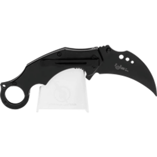 Albainox Tactical Training Folding Karambit Trainer open on stand showing clip side