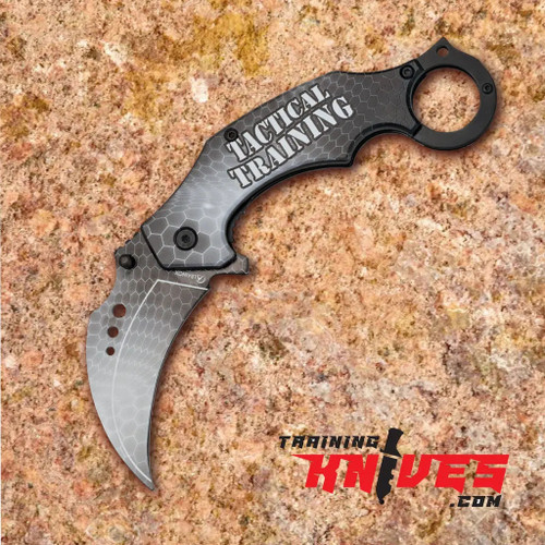 Albainox Tactical Training Folding Karambit Trainer shown open with blade fully deployed