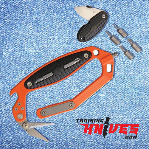 V Nives C.R.A.B Orange Multi Rescue Tool full item shown with small pocket knife and screwdriver attachments displayed together