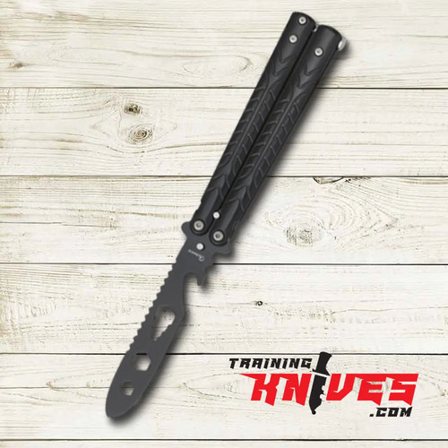 Albainox Black bottle opener balisong butterfly trainer shown open