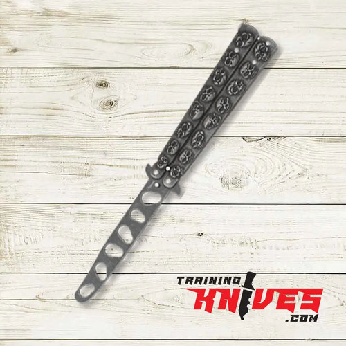 Albainox Grey Skulls balisong butterfly trainer shown open