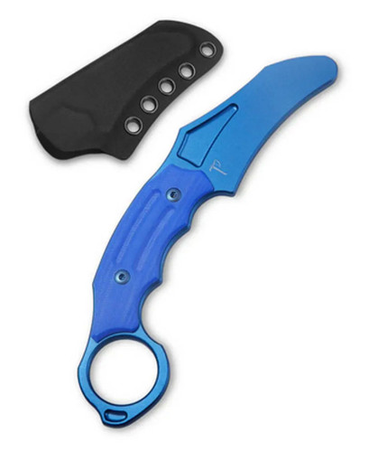 Hoback Knives Tusk Aluminum G10 Karambit Trainer shown next to sheath