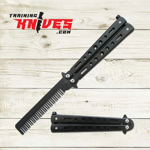 Hero View of the Practice Black Metal Butterfly Balisong Trainer Knife Blade Comb Brush SKU: 6E2-197BK-C Hero View of the Practice Black Metal Butterfly Balisong Trainer Knife Blade Comb Brush SKU: 6E2-197BK-C