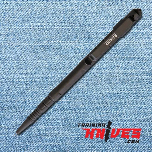 BlackJack International Slimline Aluminum Tactical Pen shown with black aluminum body and pocket clip visible