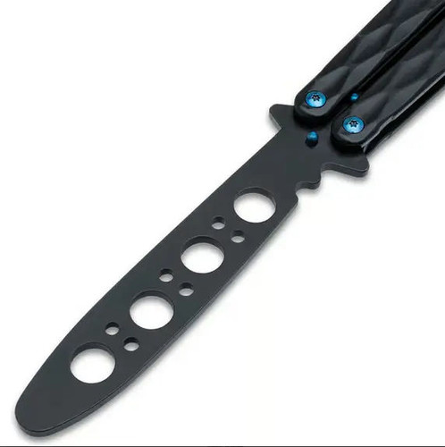 Umiikot Blue Storm balisong trainer blunt blade close-up with weight-reducing holes