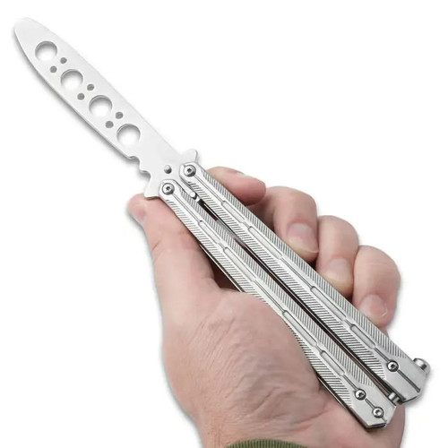 K Exclusive Silver Balisong Butterfly Trainer BK6139 open trainer held in hand