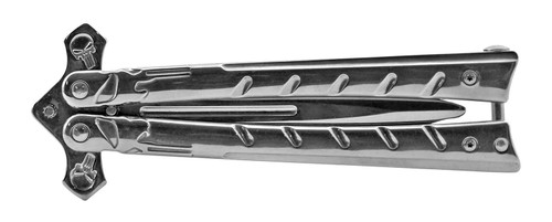 Chrome Stainless Steel Unsharpened Butterfly Balisong Trainer folded closed showing polished stainless handles