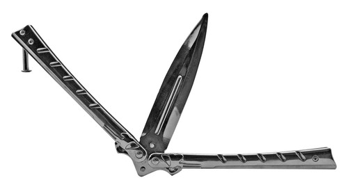 Open view of the Stainless Steel Unsharpened Practice Butterfly Balisong Folding Pocket Knife - Chrome SKU: KA2066CH Open view of the Stainless Steel Unsharpened Practice Butterfly Balisong Folding Pocket Knife - Chrome SKU: KA2066CH