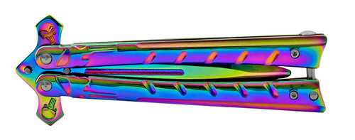 Rainbow Titanium Unsharpened Practice Butterfly Balisong Trainer folded and securely closed, highlighting handle finish and safety clip
