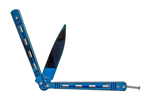 Rainbow titanium balisong trainer halfway open – spear point unsharpened practice knife KA2053RB