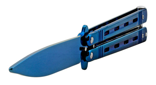 Close-up angle of the rainbow titanium spear point blade on the unsharpened butterfly trainer KA2053RB