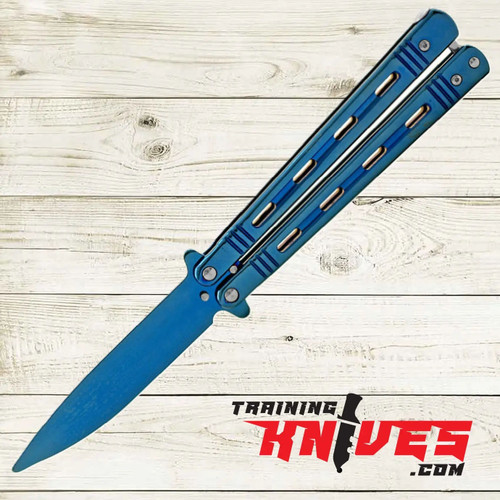 Rainbow titanium unsharpened butterfly trainer open and pointing downward – spear point balisong practice knife KA2053RB
