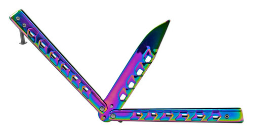 Open View of the Rainbow Unsharpened Stainless Steel Practice Butterfly Folding Bailsong Pocket Knife - Titanium SKU: KA2055RB Open View of the Rainbow Unsharpened Stainless Steel Practice Butterfly Folding Bailsong Pocket Knife - Titanium SKU: KA2055RB