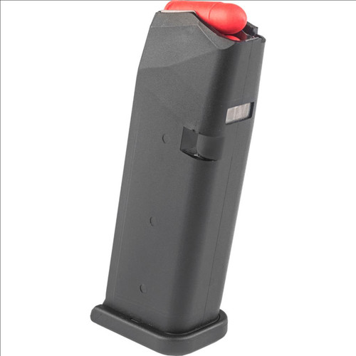 Red 9mm polymer training bullet seated in a handgun magazine.