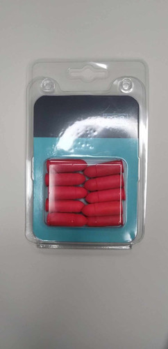 Ten red 9mm polymer training bullets arranged in their packaging.